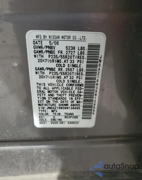 2009 Nissan Murano S z USA, uszkodzony, nr VIN JN8AZ18W39W134895